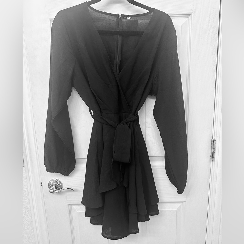 Elegant Black Fit & Flare Skater Dress/Wrap Dress - Large - Long Sleeve - Black - Picture 5 of 5